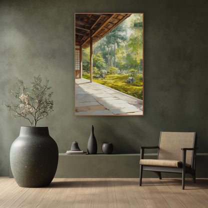 Mossy Boulder Clearing Veranda Japandi wall art in a calm Japandi-style room – wooden veranda with timber posts