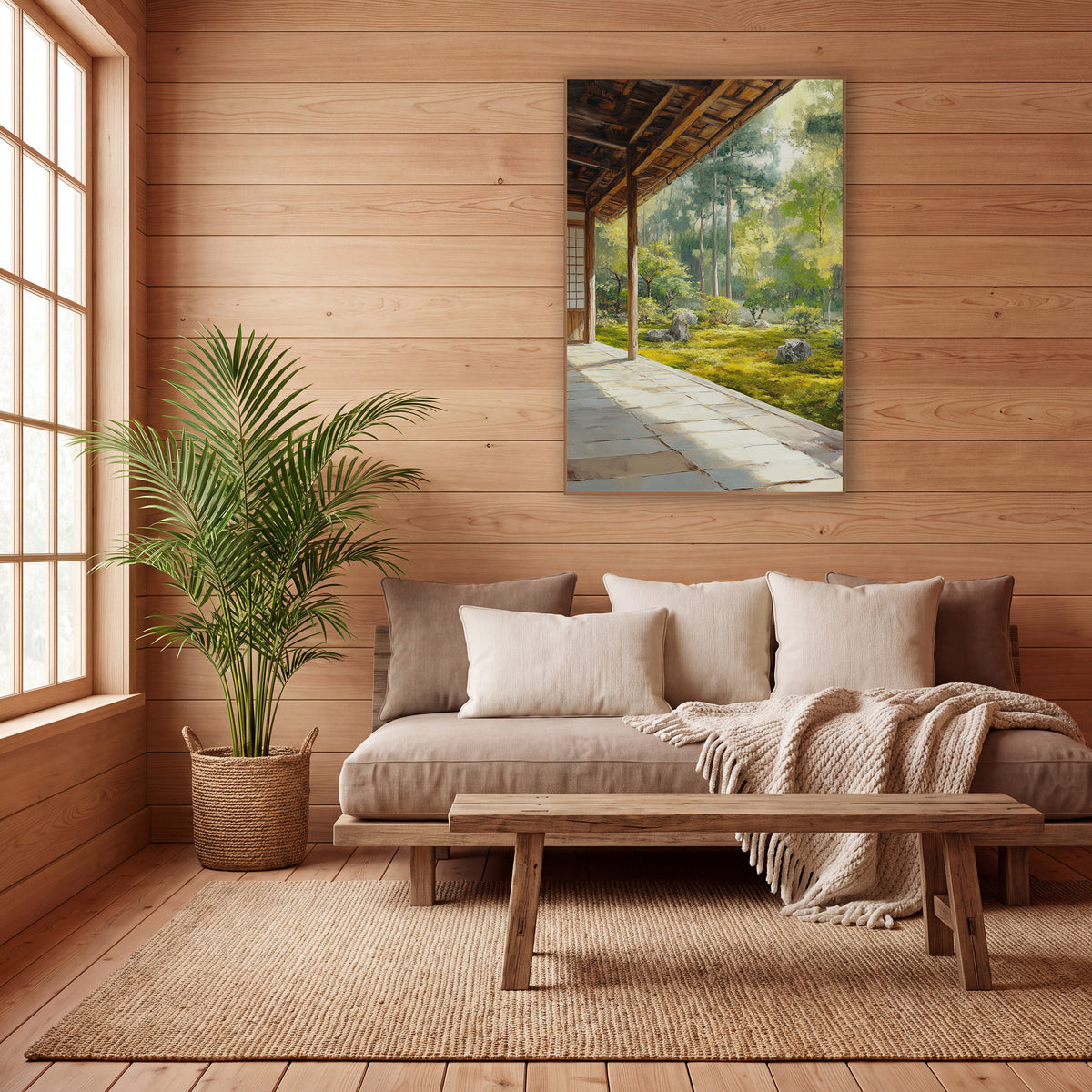Mossy Boulder Clearing Veranda Japandi wall art in a calm Japandi-style room – wooden veranda with timber posts