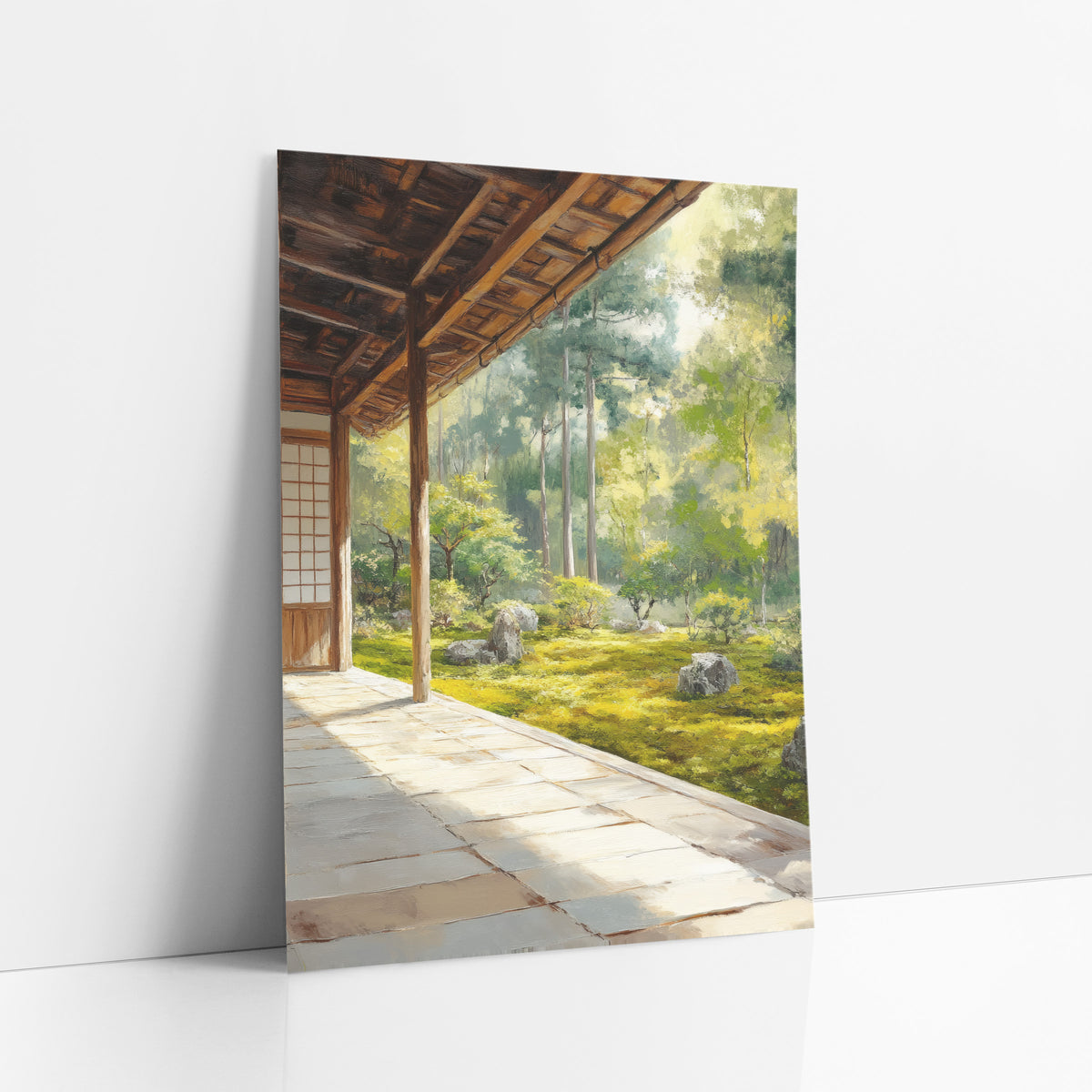 Mossy Boulder Clearing Veranda Japandi art print leaning against a white wall – wooden veranda with timber posts and stone