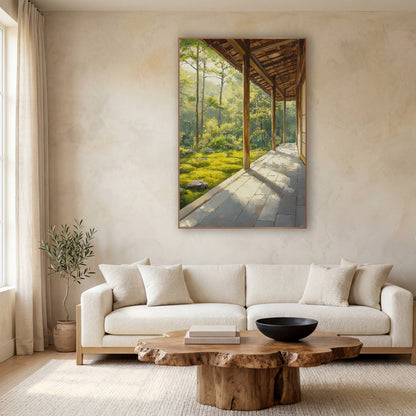 Sunlit Wooden Veranda Moss Garden Japandi wall art in a calm Japandi-style room – sunlit wooden veranda with slim