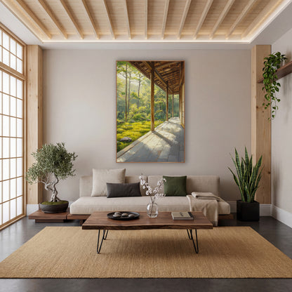 Sunlit Wooden Veranda Moss Garden Japandi wall art in a calm Japandi-style room – sunlit wooden veranda with slim