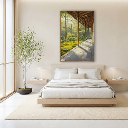 Sunlit Wooden Veranda Moss Garden Japandi wall art in a calm Japandi-style room – sunlit wooden veranda with slim