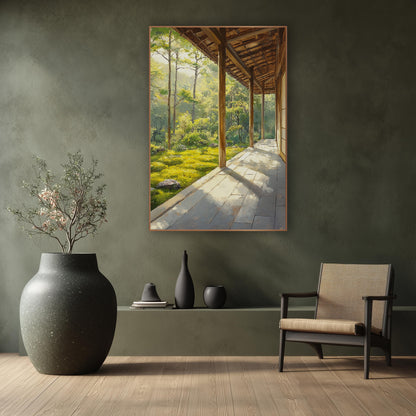 Sunlit Wooden Veranda Moss Garden Japandi wall art in a calm Japandi-style room – sunlit wooden veranda with slim