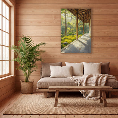 Sunlit Wooden Veranda Moss Garden Japandi wall art in a calm Japandi-style room – sunlit wooden veranda with slim