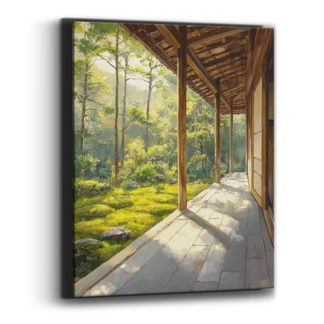 Sunlit Wooden Veranda Moss Garden Japandi Canvas Wall Art