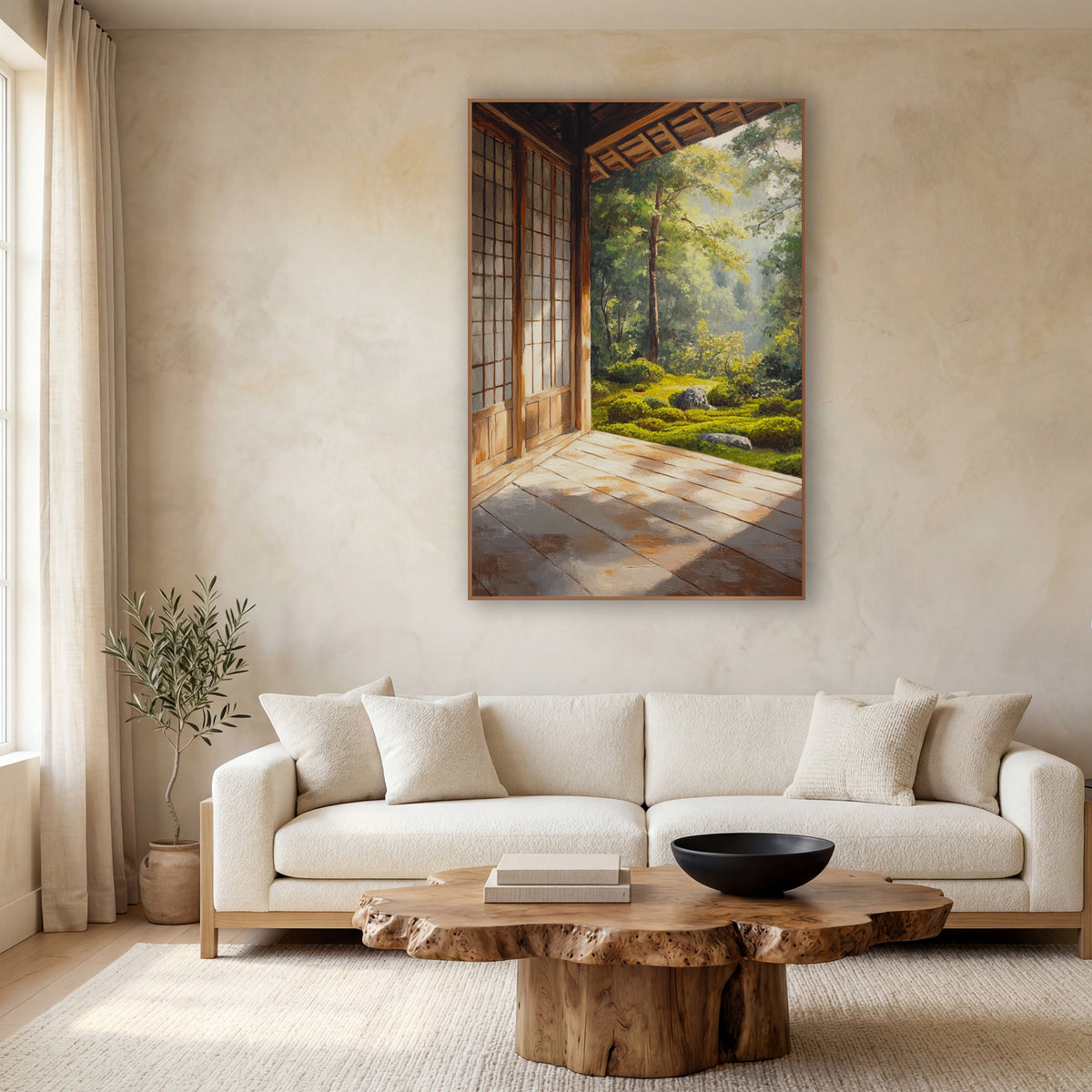 Shoji Door Woodland Veranda Painted wall art in a calm Japandi-style room – wooden veranda with lattice doors opening