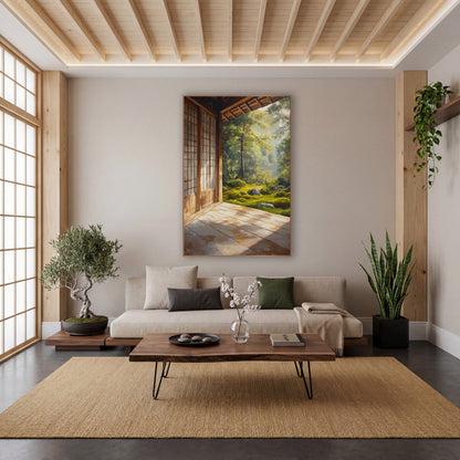 Shoji Door Woodland Veranda Painted wall art in a calm Japandi-style room – wooden veranda with lattice doors opening
