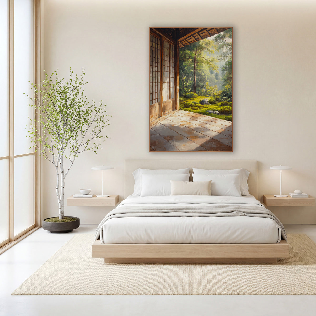 Shoji Door Woodland Veranda Painted wall art in a calm Japandi-style room – wooden veranda with lattice doors opening