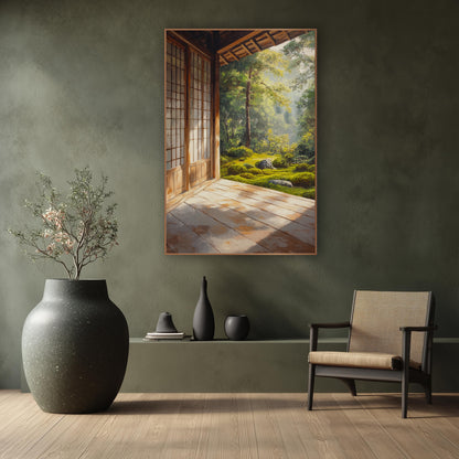 Shoji Door Woodland Veranda Painted wall art in a calm Japandi-style room – wooden veranda with lattice doors opening