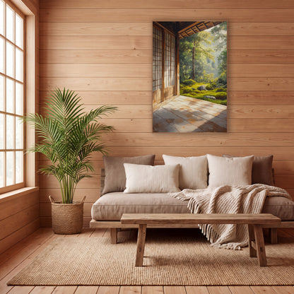 Shoji Door Woodland Veranda Painted wall art in a calm Japandi-style room – wooden veranda with lattice doors opening