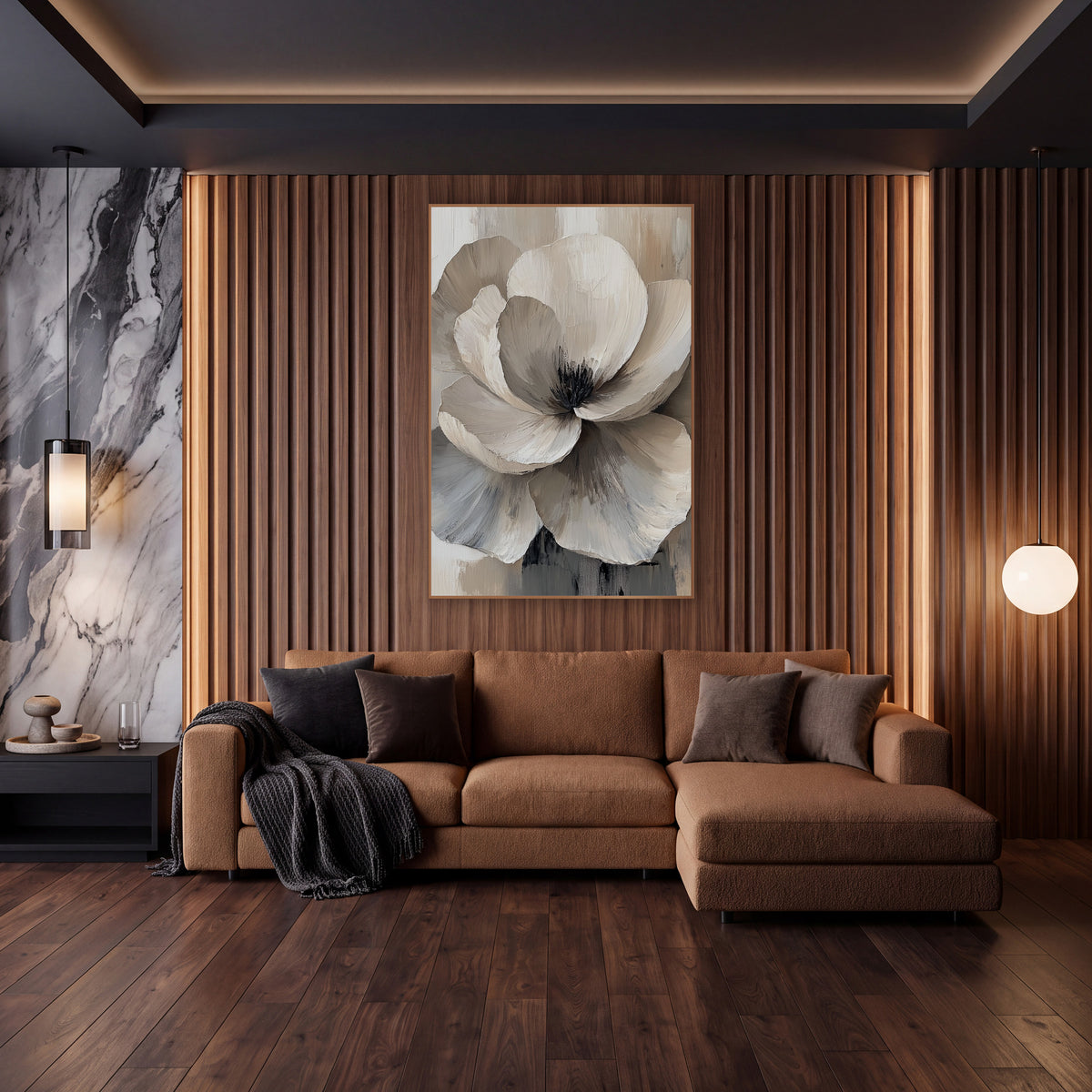 Ivory Greige Sculpted Bloom Contemporary wall art in an elegant modern room – large cream and gray flower with layered