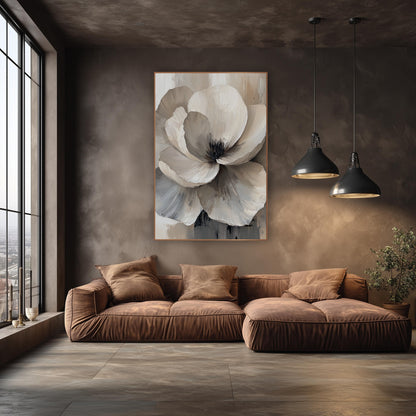 Ivory Greige Sculpted Bloom Contemporary wall art in an elegant modern room – large cream and gray flower with layered