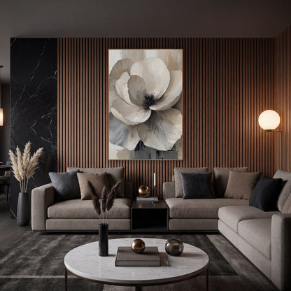 Ivory Greige Sculpted Bloom Contemporary wall art in an elegant modern room – large cream and gray flower with layered