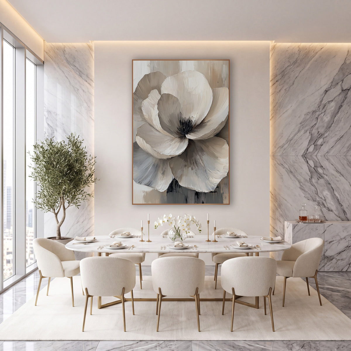 Ivory Greige Sculpted Bloom Contemporary wall art in an elegant modern room – large cream and gray flower with layered