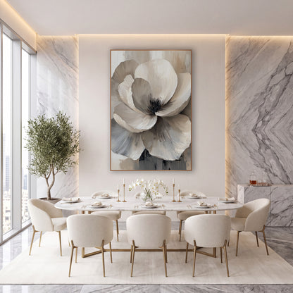 Ivory Greige Sculpted Bloom Contemporary wall art in an elegant modern room – large cream and gray flower with layered