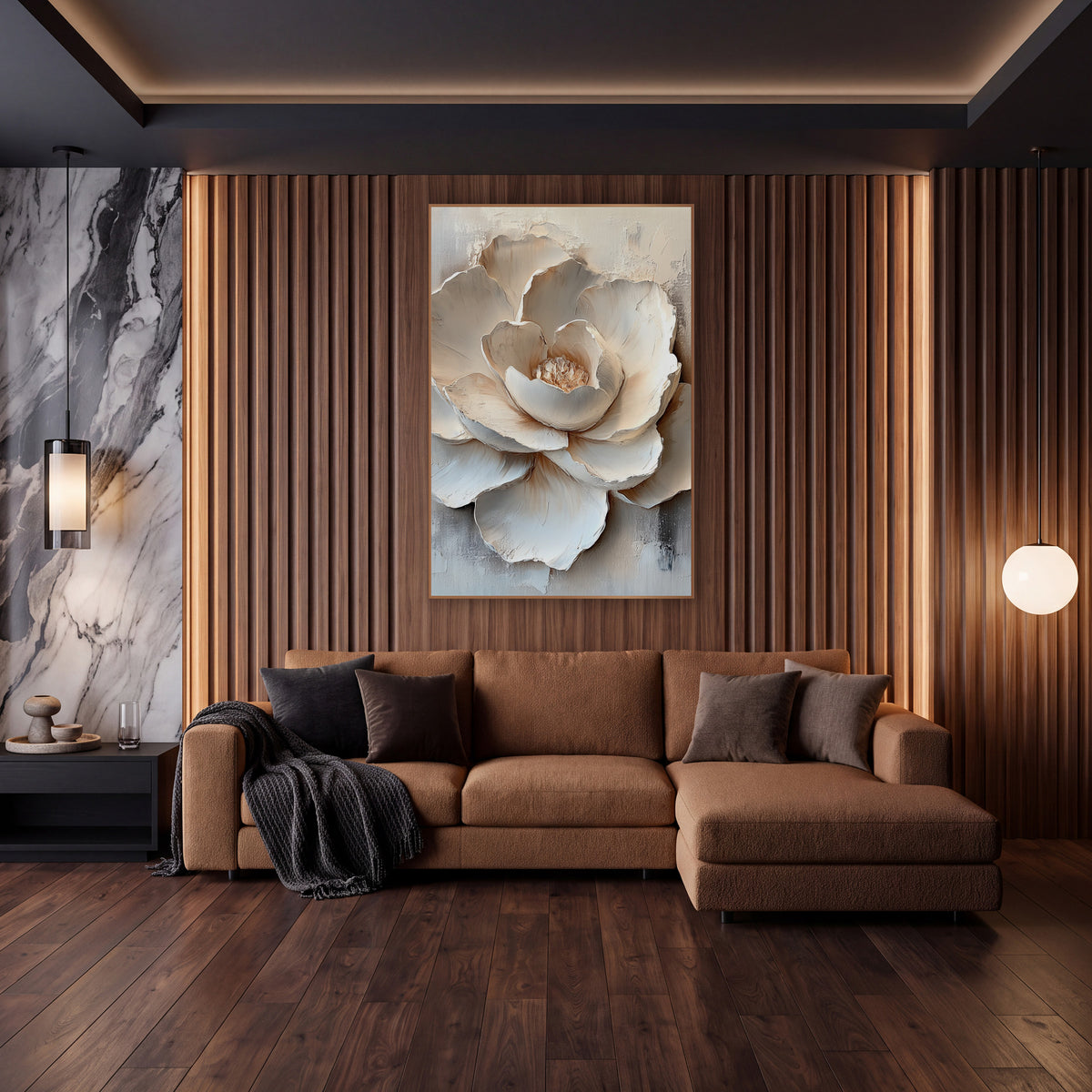 Ivory Layered Bloom Sculptural wall art in an elegant modern room – large ivory bloom with layered sculpted-looking