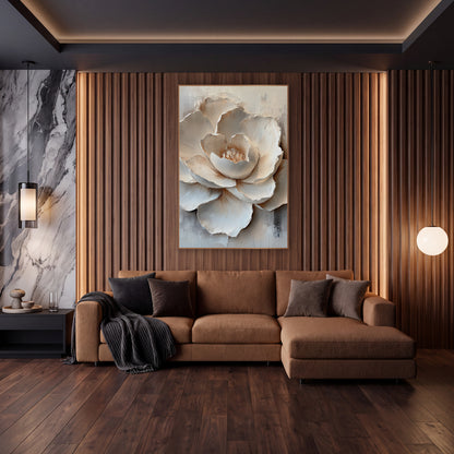 Ivory Layered Bloom Sculptural wall art in an elegant modern room – large ivory bloom with layered sculpted-looking