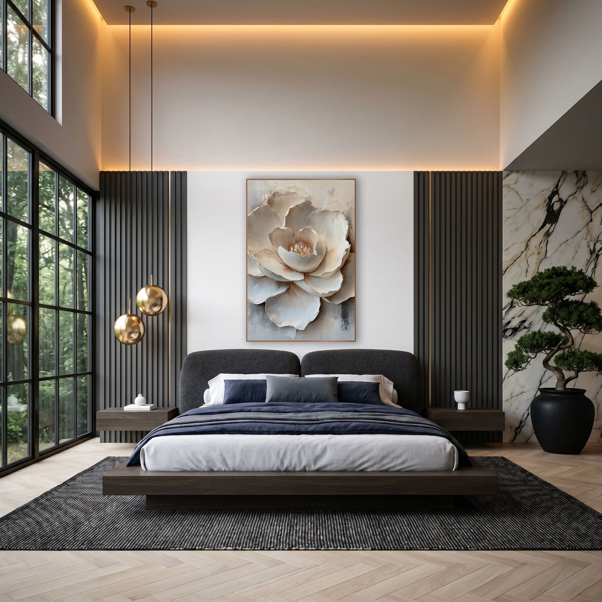 Ivory Layered Bloom Sculptural wall art in an elegant modern room – large ivory bloom with layered sculpted-looking