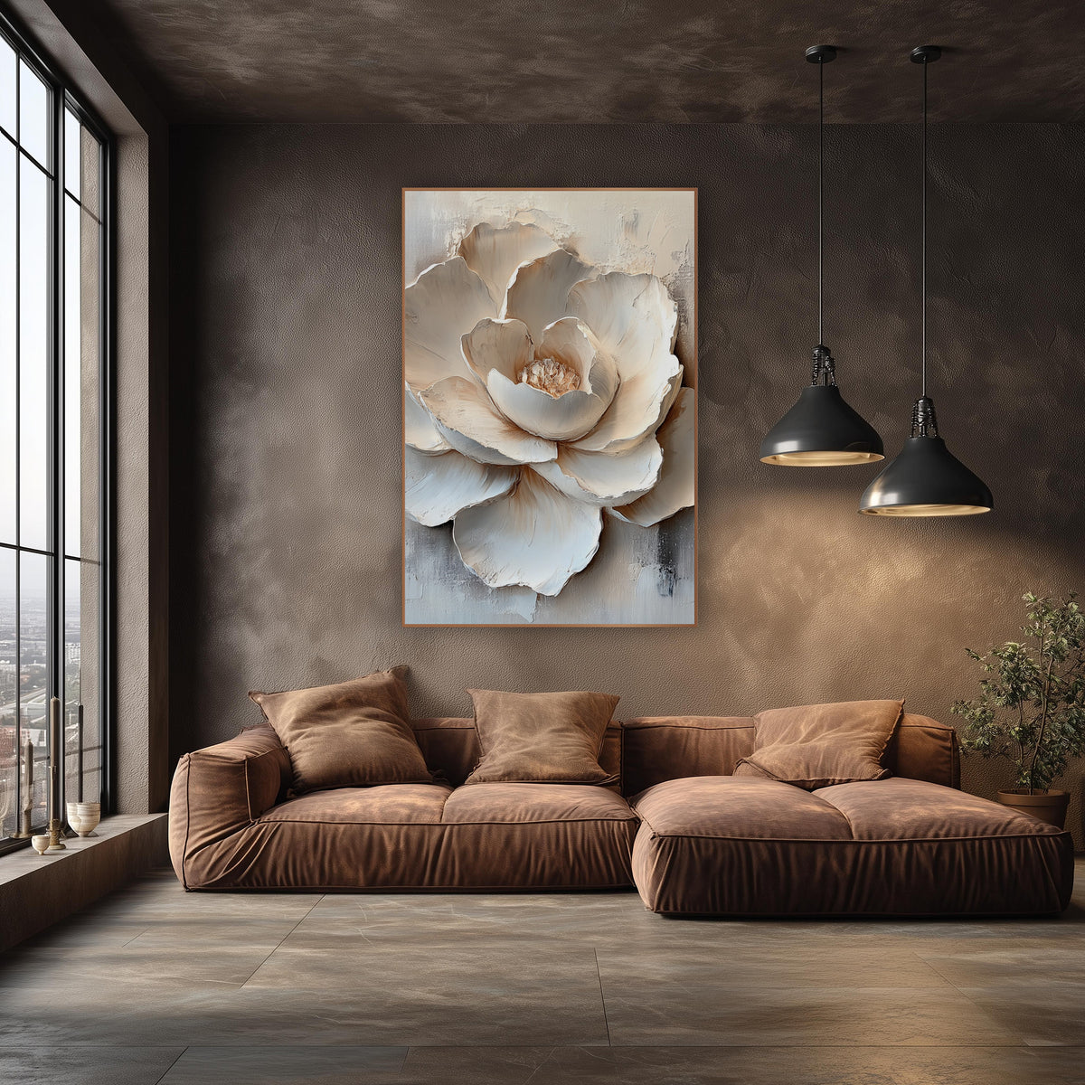 Ivory Layered Bloom Sculptural wall art in an elegant modern room – large ivory bloom with layered sculpted-looking