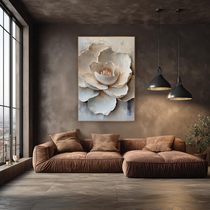Ivory Layered Bloom Sculptural wall art in an elegant modern room – large ivory bloom with layered sculpted-looking