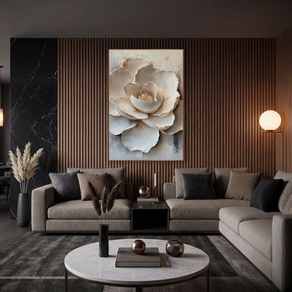 Ivory Layered Bloom Sculptural wall art in an elegant modern room – large ivory bloom with layered sculpted-looking