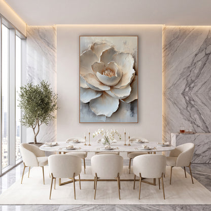 Ivory Layered Bloom Sculptural wall art in an elegant modern room – large ivory bloom with layered sculpted-looking