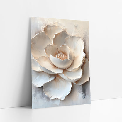 Ivory Layered Bloom Sculptural art print leaning against a white wall – large ivory bloom with layered sculpted-looking