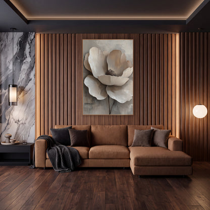 Taupe Poppy Dark Stamen Painterly wall art in an elegant modern room – large cream flower with wide overlapping petals