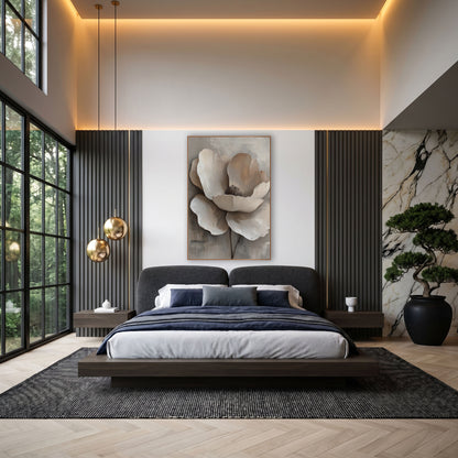 Taupe Poppy Dark Stamen Painterly wall art in an elegant modern room – large cream flower with wide overlapping petals