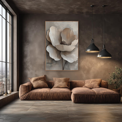 Taupe Poppy Dark Stamen Painterly wall art in an elegant modern room – large cream flower with wide overlapping petals
