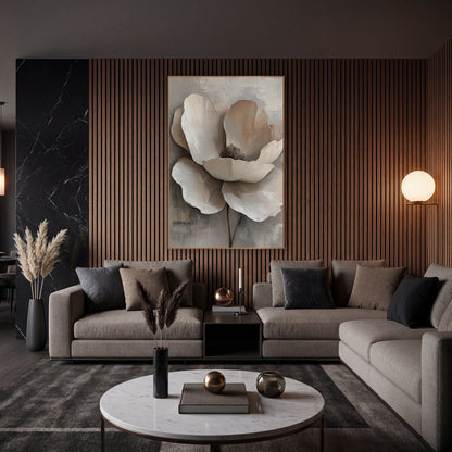 Taupe Poppy Dark Stamen Painterly wall art in an elegant modern room – large cream flower with wide overlapping petals