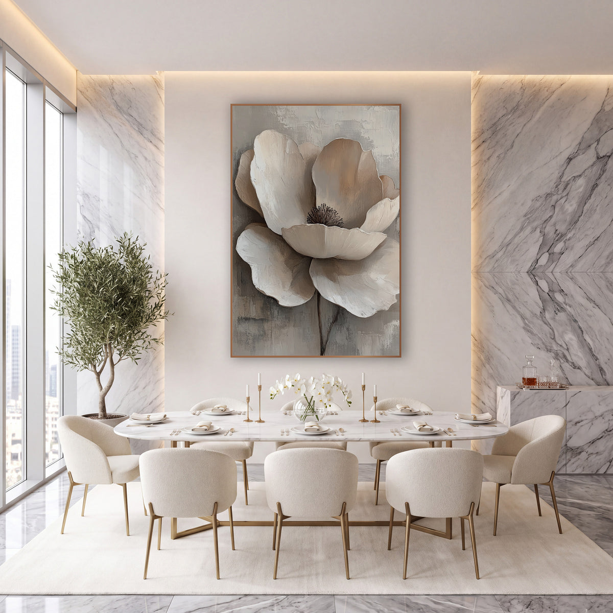 Taupe Poppy Dark Stamen Painterly wall art in an elegant modern room – large cream flower with wide overlapping petals