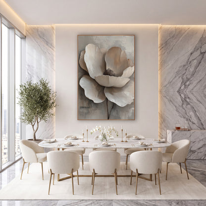 Taupe Poppy Dark Stamen Painterly wall art in an elegant modern room – large cream flower with wide overlapping petals