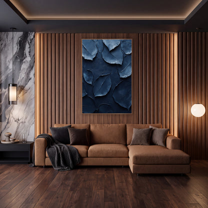 Navy Abstract Leaf Shapes Modern wall art in an elegant modern room – abstract leaf shapes in navy and powder blue