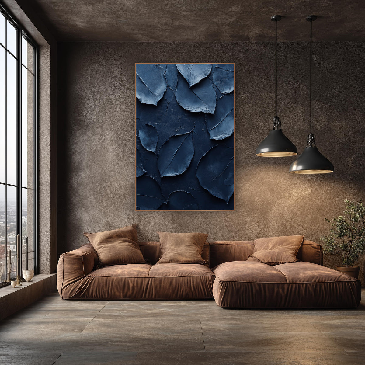 Navy Abstract Leaf Shapes Modern wall art in an elegant modern room – abstract leaf shapes in navy and powder blue