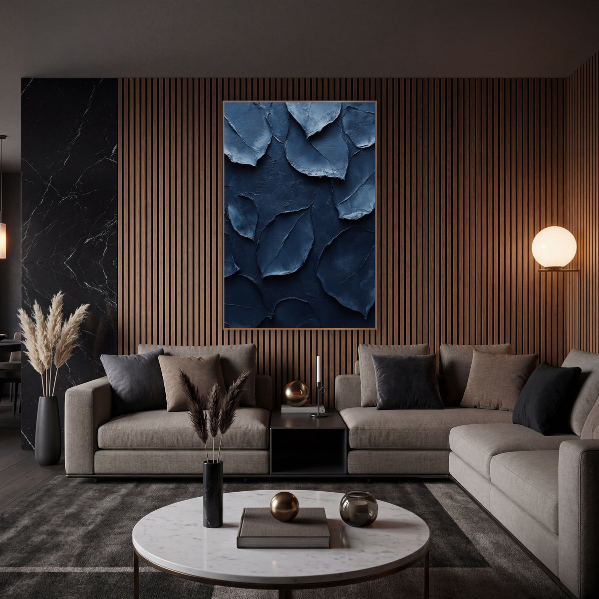 Navy Abstract Leaf Shapes Modern wall art in an elegant modern room – abstract leaf shapes in navy and powder blue