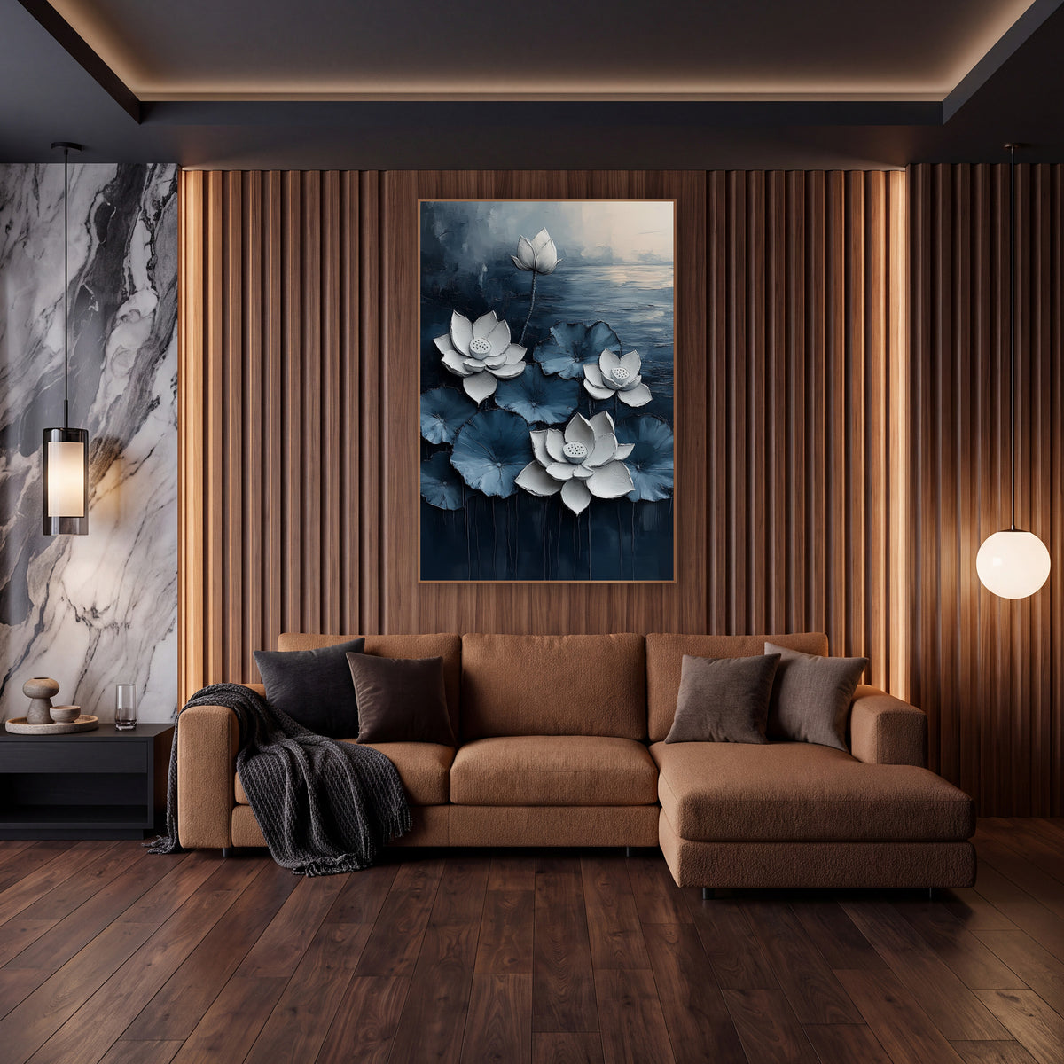 Navy White Lotus Floral Contemporary wall art in an elegant modern room – white lotus flowers and a bud among blue
