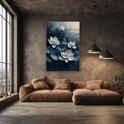 Navy White Lotus Floral Contemporary wall art in an elegant modern room – white lotus flowers and a bud among blue