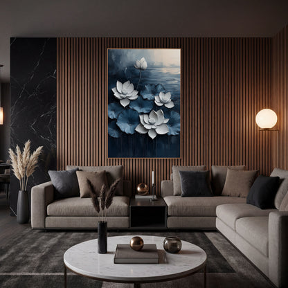Navy White Lotus Floral Contemporary wall art in an elegant modern room – white lotus flowers and a bud among blue