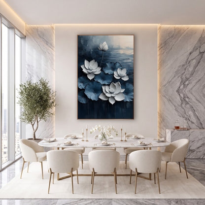 Navy White Lotus Floral Contemporary wall art in an elegant modern room – white lotus flowers and a bud among blue