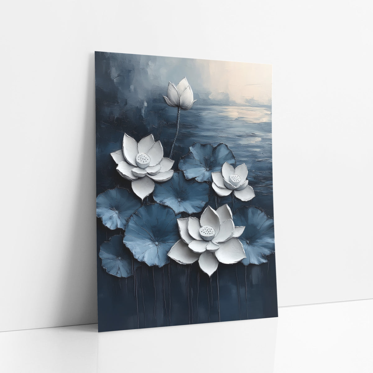 Navy White Lotus Floral Contemporary art print leaning against a white wall – white lotus flowers and a bud among blue lily