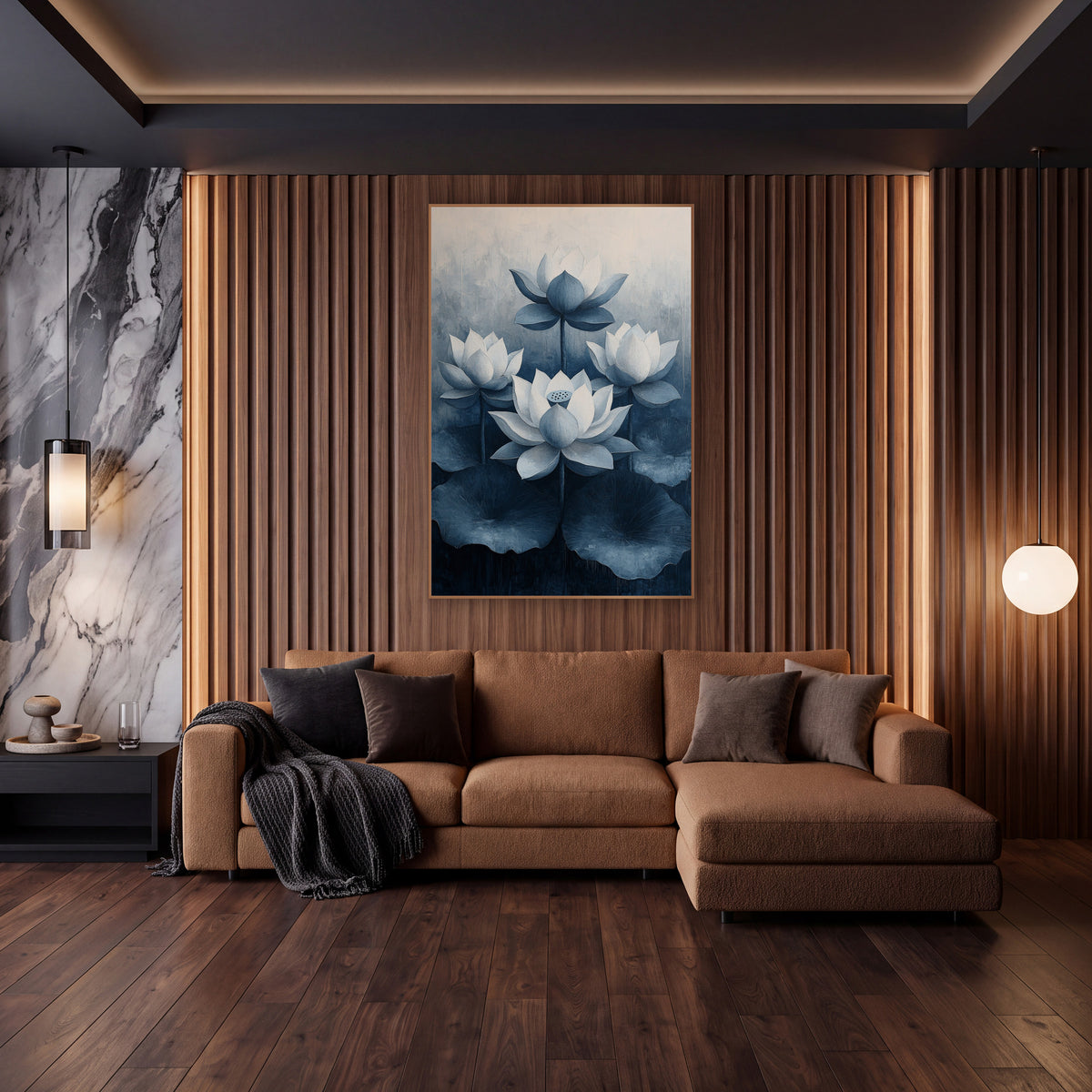 Navy Lotus Blooms Botanical Modern wall art in an elegant modern room – four white lotus flowers with slate-blue petal