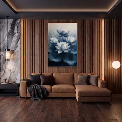 Navy Lotus Blooms Botanical Modern wall art in an elegant modern room – four white lotus flowers with slate-blue petal