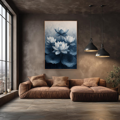 Navy Lotus Blooms Botanical Modern wall art in an elegant modern room – four white lotus flowers with slate-blue petal