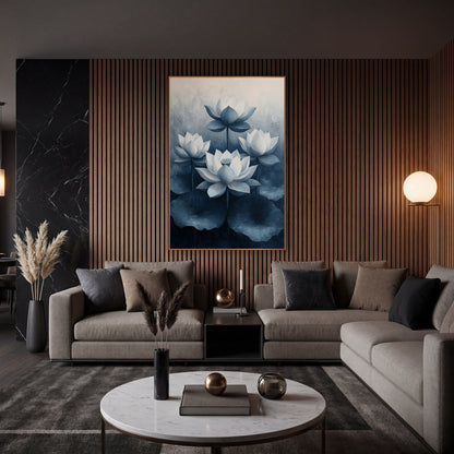Navy Lotus Blooms Botanical Modern wall art in an elegant modern room – four white lotus flowers with slate-blue petal