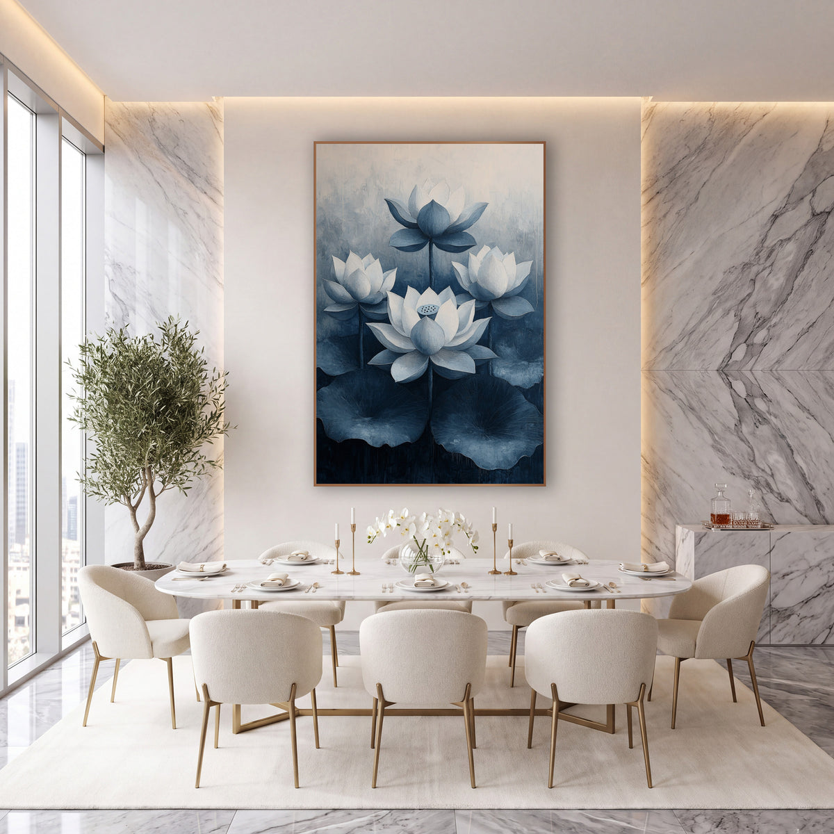 Navy Lotus Blooms Botanical Modern wall art in an elegant modern room – four white lotus flowers with slate-blue petal