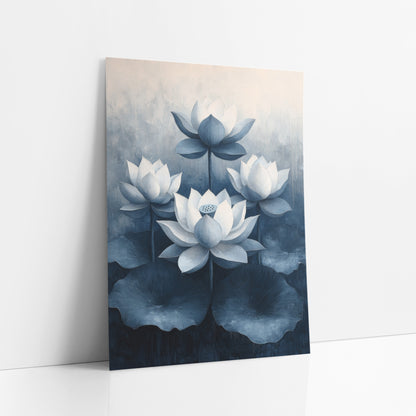 Navy Lotus Blooms Botanical Modern art print leaning against a white wall – four white lotus flowers with slate-blue petal