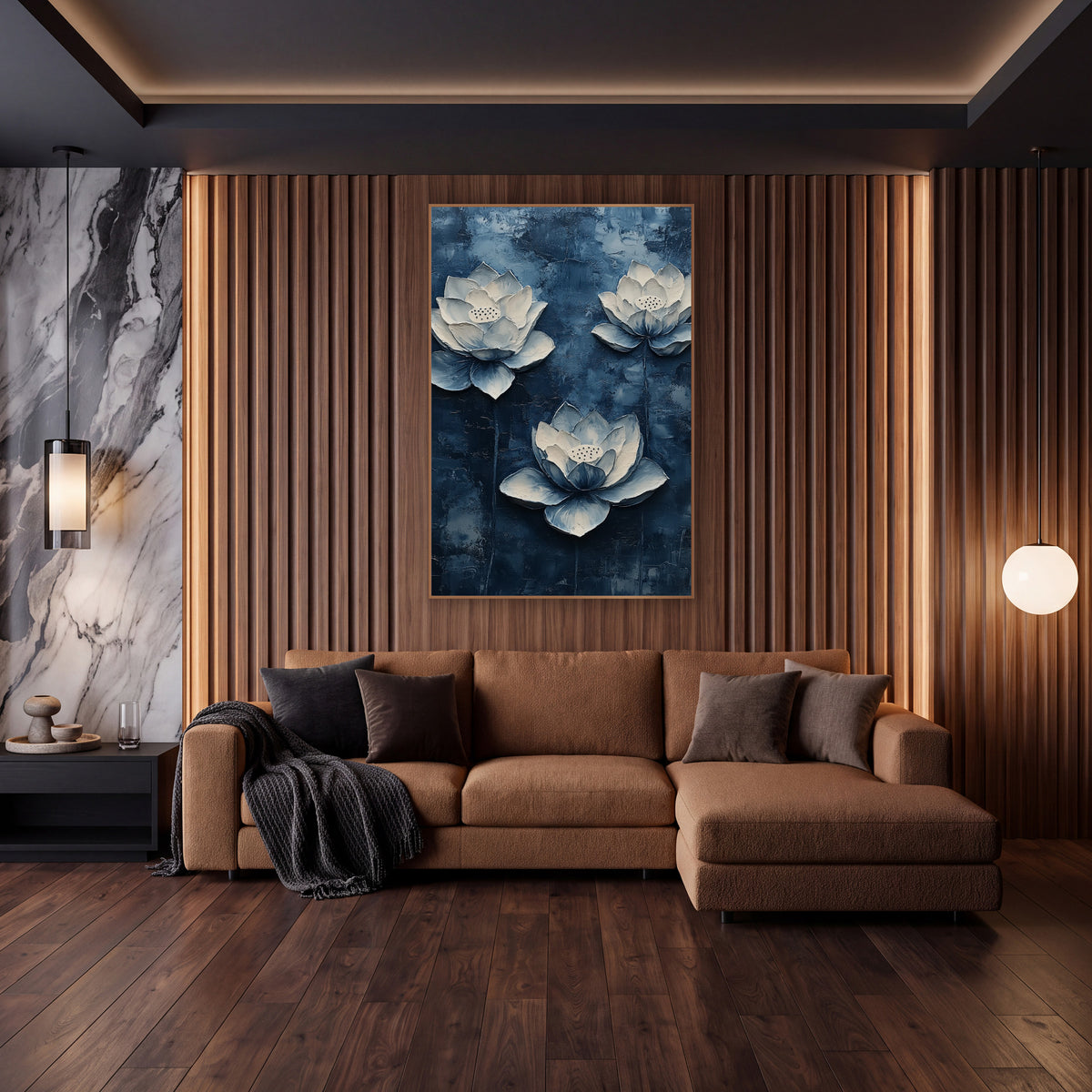 Sculpted Indigo Lotus Palette Knife wall art in an elegant modern room – three cream and pale blue lotus flowers