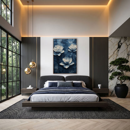 Sculpted Indigo Lotus Palette Knife wall art in an elegant modern room – three cream and pale blue lotus flowers