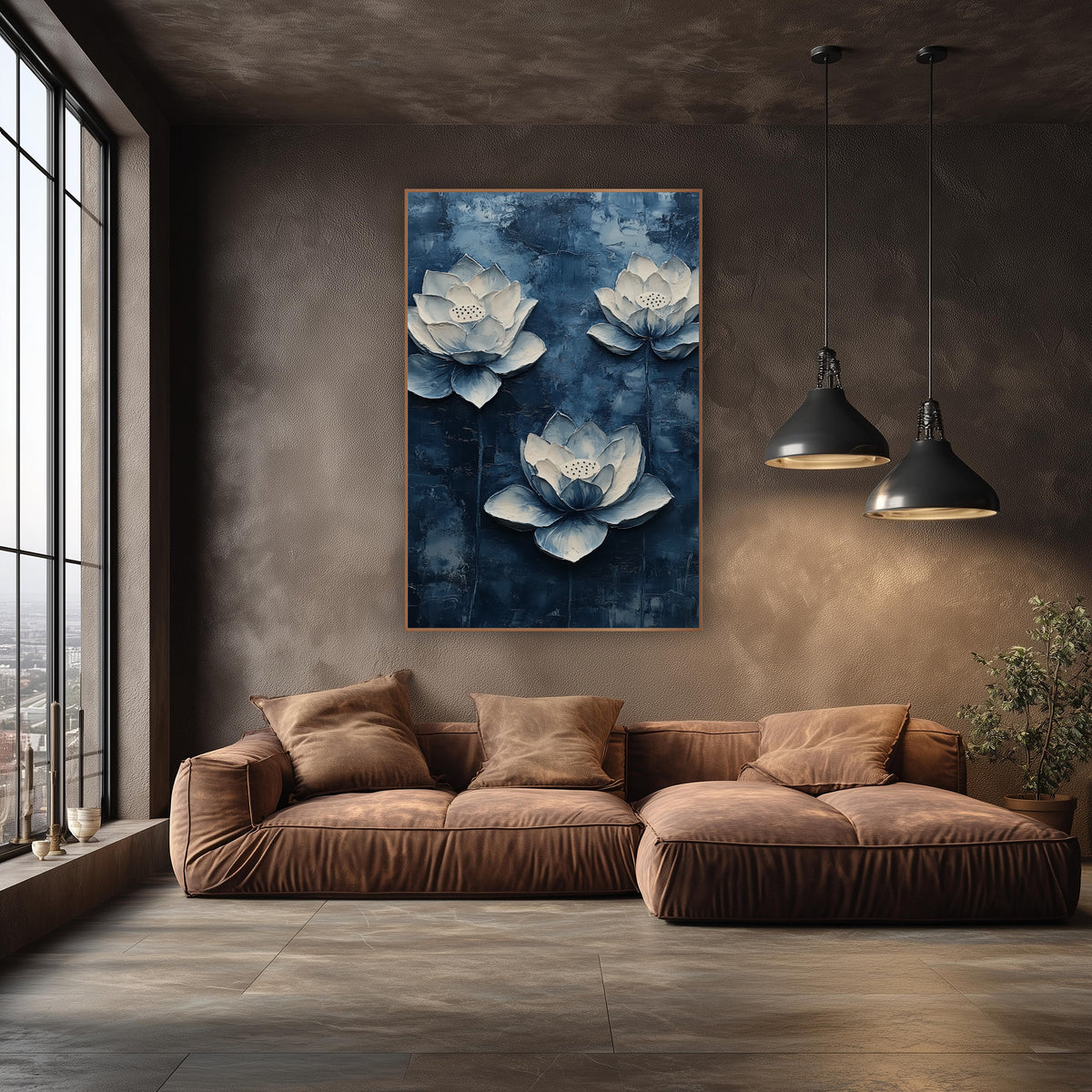 Sculpted Indigo Lotus Palette Knife wall art in an elegant modern room – three cream and pale blue lotus flowers